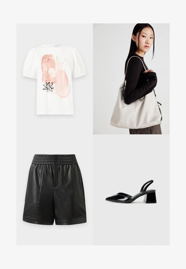 Fehér, rövid ujjú felső puffos vállakkal, absztrakt rózsaszín és arany mintákkal, valamint fekete virágmintával az elején.; Fekete műbőr rövidnadrág rugalmas derékkal, elülső patentgombbal, nagy elülső zsebbel és egyenes szegéllyel.; Fekete lakk bőr szandálkés magas sarkú cipő, hegyes orral és geometrikus tömbsarkakkal. Karcsú, minimalista dizájn és sima textúra jellemzi.; Puha anyagból készült bézs kézitáska, laza dizájnnal, varrott részletekkel és két vállpánttal. Mindennapi használatra alkalmas.