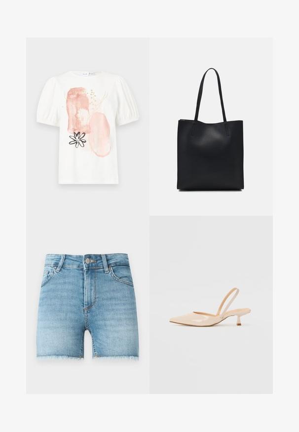 Balta īsām piedurknēm blouse ar puffed pleciem, ar abstraktiem rozā un zelta rakstiem, kā arī melnas ziedu dizainu priekšā.; Gaiši zili džinsu šorti ar neapstrādātu malas apdari, pieci kabatas un priekšējā pogas aizdares. Iezīmē vieglu izbalēšanu un klasisko griezumu.; Bežīgas lakotas ādas slingback papēži ar smailu purngalu un šauru, kvadrātveida papēdi. Gluda tekstūra un minimālistisks dizains bez dekorēšanas elementiem.; Melnas ādas somiņa ar gludu tekstūru, taisnstūra formu un divām garām rokturiem. Nav redzamu aparatūras vai rotājumu.