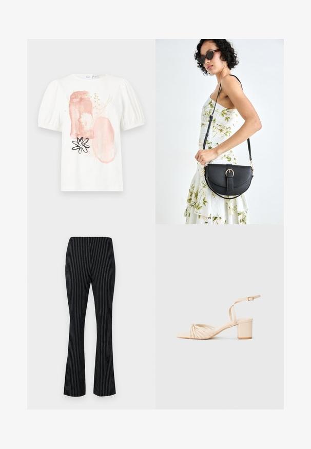 White short-sleeve top with puffed shoulders, featuring abstract pink and gold patterns and a black flower design on the front.; Black flared pants with white vertical stripes, featuring an elastic waistband and a smooth, textured fabric finish.; Beige strappy heeled sandal with a square toe, twisted front design, ankle strap, and block heel. Smooth texture, minimalistic style.; Black leather handbag with a curved shape, detachable strap, and gold hardware. The bag features a flap with a buckle detail.