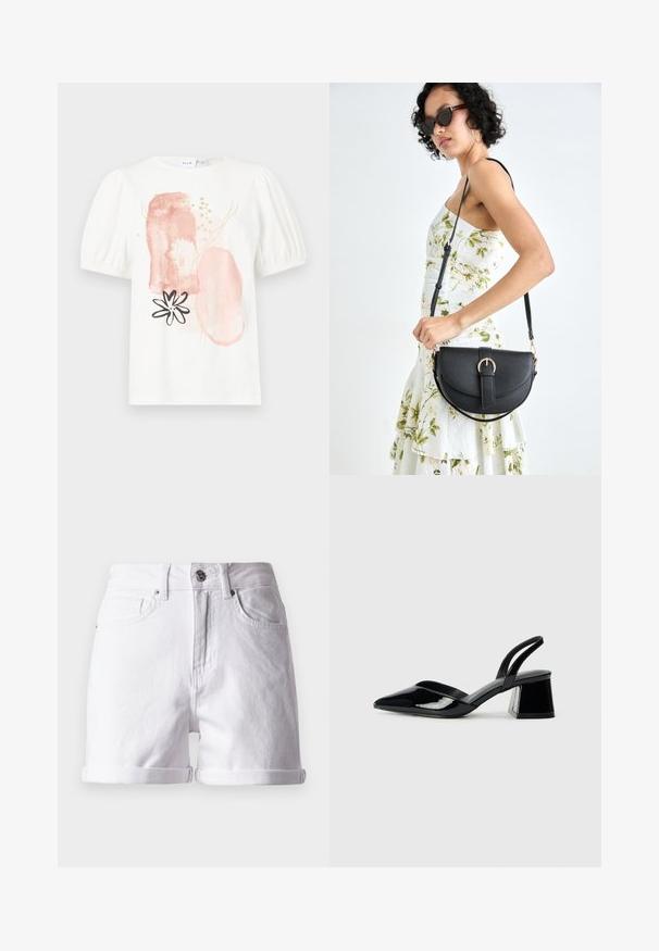 Top alb cu maneci scurte și umeri bufanți, decorat cu modele abstracte roz și aurii și un design de floare neagră pe față.; Șorturi din denim alb cu un croi clasic, cu margini răsucite, două buzunare frontale și închidere cu un buton în față. Textură netedă.; Pantofi cu toc slingback din piele lacuită neagră, cu vârf ascuțit și toc geometric. Prezintă un design elegant, minimalist și o textură netedă.; Geantă din piele neagră, cu o formă curbată, curea detașabilă și accesorii aurii. Geanta are un capac cu un detaliu tip cataramă.