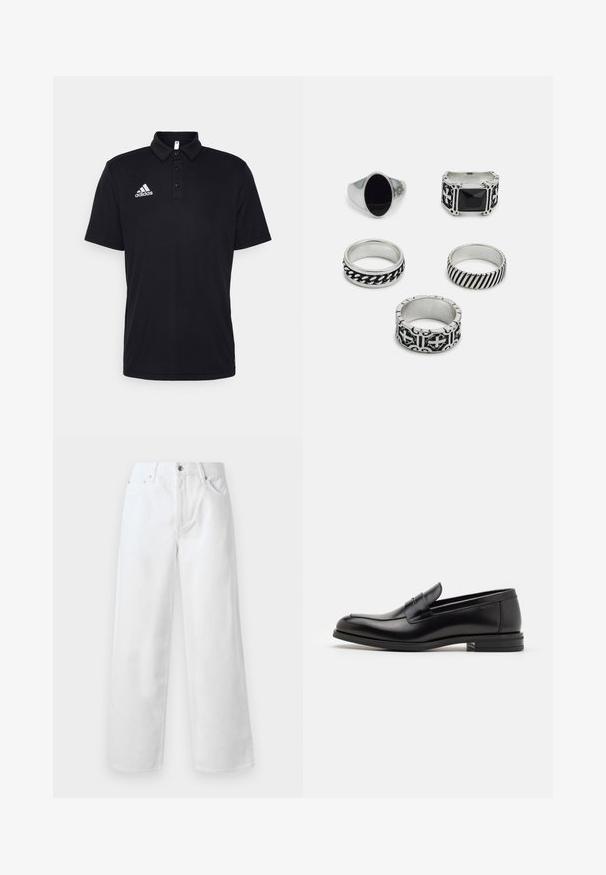 Schwarzes Polo-Shirt aus weichem Stoff, mit klassischem Kragen, einer Drei-Knopf-Leiste und weißem Adidas-Logo auf der linken Brust.; rag & bone BAGGY - Baggy Jeans - white; Schwarze Lederloafers mit glatter Textur, rundem Zehenbereich und einem dekorativen Riemen über dem Vorderfuß. Niedriger, gestapelter Absatz, minimalistisches Design.; Set aus fünf Ringen: ein silberner Siegelring mit schwarzem Stein, vier metallische Bänder mit verschiedenen Designs, darunter geflochtene und gestreifte Muster.