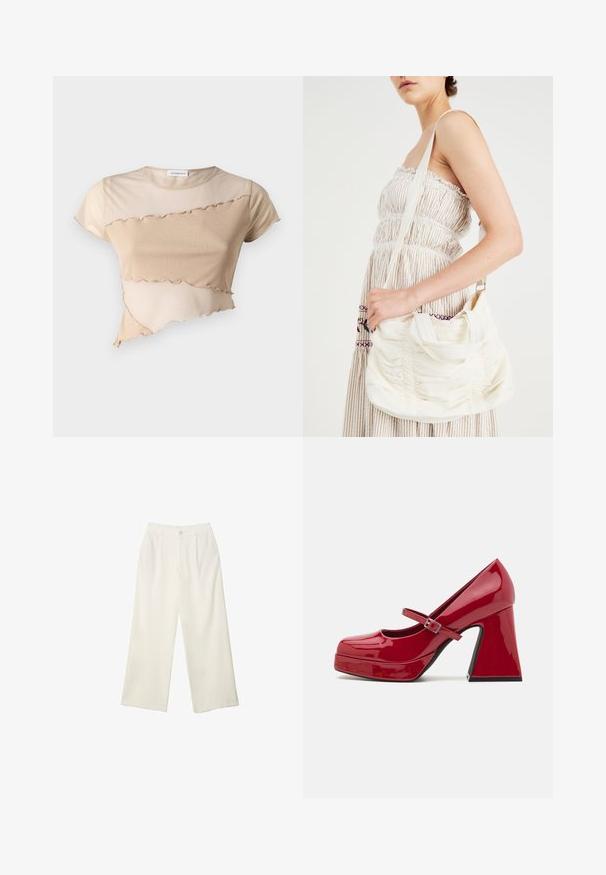Crop top beige en tissu doux, avec un ourlet volanté et un design asymétrique avec des textures contrastantes. Manches courtes et col rond.; Pantalons à jambes larges en tissu crème avec une texture lisse, dotés d'un seul bouton à l'avant, de plis subtils et d'un design taille haute.; Escarpin Mary Jane en cuir verni rouge avec un bout rond, un avant en plateforme, une sangle à boucle et un talon en bloc sculpté.; Sac à épaule en tissu blanc avec une texture froncée, une bandoulière réglable et des finitions en argent. Présenté à côté d'une robe couleur crème.