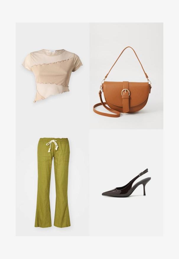 Top scurt bej, realizat dintr-un material moale, cu un tiv volan și un design asimetric, punând în evidență texturi contrastante. Mânici scurte și guler rotund.; Pantaloni evazați din in verde, cu talie elastică și șnur ajustabil. Dispun de două buzunare laterale și o textură netedă.; Pantof cu toc înalt Slingback din piele sintetică lucioasă de culoare maro închis, vârf ascuțit, laterale deschise și curea ajustabilă la glezne.; Geantă din piele maro, tip crossbody, cu o formă curbată, accesorii aurii și un accent cu cataramă. Dispune de un curea de umăr detașabilă.
