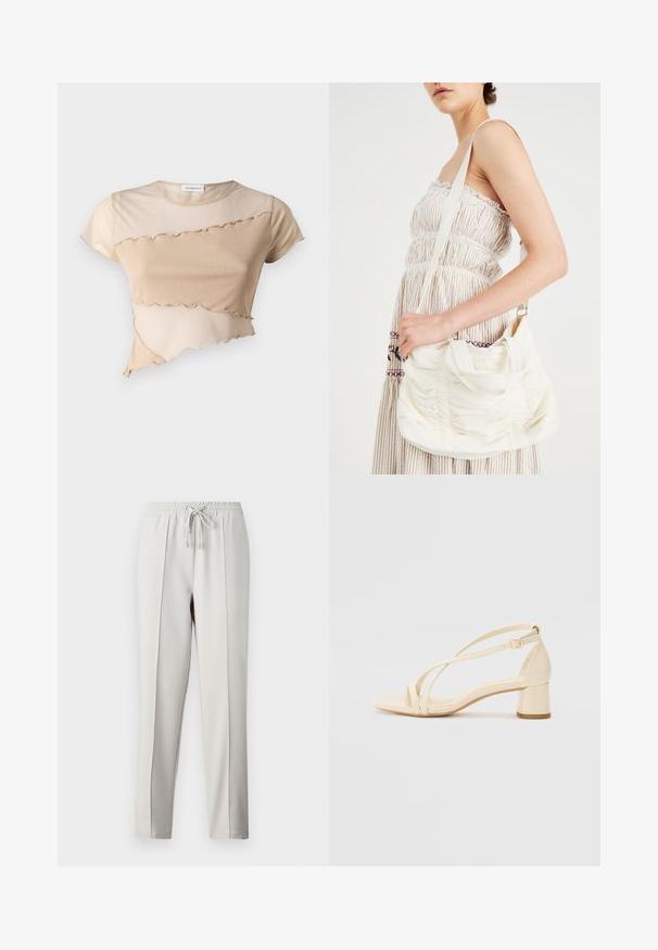 Beige crop top lavet af blødt stof, med en flæset kant og asymmetrisk design med kontrasterende teksturer. Korte ærmer og rund hals.; Lysegrå joggerbukser med elastisk talje, snører og sidesømmer. Fremstillet i glat stof for en afslappet pasform.; Beige hæle sandaler med blokhæl, remdesign og justerbar ankelrem, lavet af glat syntetisk materiale med en mat finish.; Hvid stof skuldertaske med sammensunket tekstur, justerbar rem og sølvbeslag. Vist sammen med en cremefarvet kjole.
