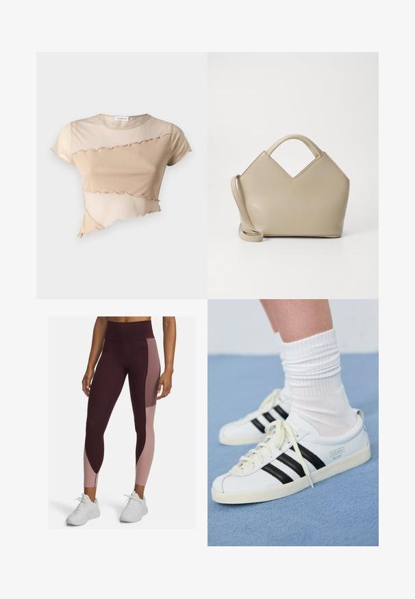 Beige crop top made of soft fabric, featuring a ruffled hem and asymmetrical design with contrasting textures. Short sleeves and crew neck.; High-waisted leggings in dark burgundy and soft pink, featuring color-block design and a smooth texture, paired with white athletic shoes.; White leather sneakers with black stripes, cream outsole, and light laces. Worn with white ribbed socks, positioned on blue background.; Beige structured handbag with a V-shaped top, smooth leather material, short handles, and a long adjustable strap. Minimalist design.