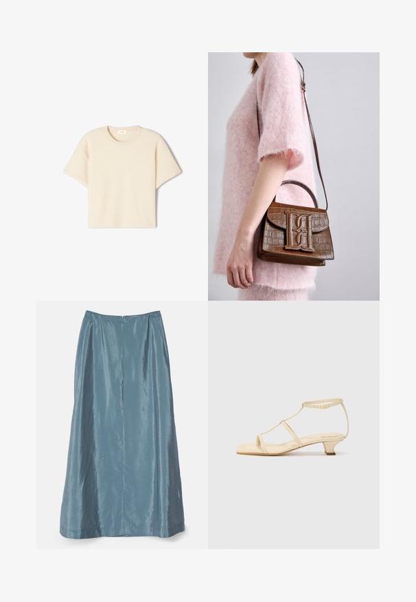Lyhythihainen, beige T-paita pehmeästä kankaasta, jossa on pyöreä kaula-aukko ja rento istuvuus, hienovarainen rakenne ja ei näkyviä kuvioita.; Koko pituinen, laskostettu hame pehmeästä, hohtavasta sinisestä kankaasta, jossa on piilotettu vetoketju takana ja sileä pinta.; Beige-korkon sandalit, joissa on T-nauha muotoilu, neliön muotoinen varvas, säädettävä nilkkahihna ja matala, lohkare-korko. Sileä nahkamateriaali.; Ruskea krokotiili-illalla kuvioitu käsilaukku, jossa on päällikahva ja olkahihna. Etu-läpän päällä on näkyvä logo. Pehmeä tekstuuri.