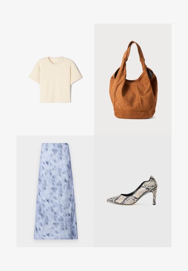 Kratki rukavi, bež T-shirt od mekog materijala, s okruglim izrezom i opuštenim krojem, s suptilnom teksturom i bez vidljivih uzoraka.; Duga, svijetloplava suknja s nejasnim, tamnoplave uzorke. Tkanina izgleda mekano s glatkom površinom i jednostavnim dizajnom.; Cipele s visokom potpeticom u obliku špica, s crno-bež uzorkom zmijske kože, tekstilnim gornjim dijelom i vitkom, crnom stiletto potpeticom.; Smeđa nubuk torba preko ramena s mekom teksturom, zakrivljenim oblikom i dva ručka. Ima minimalistički dizajn bez vidljivih metalnih dijelova ili naglašavanja.