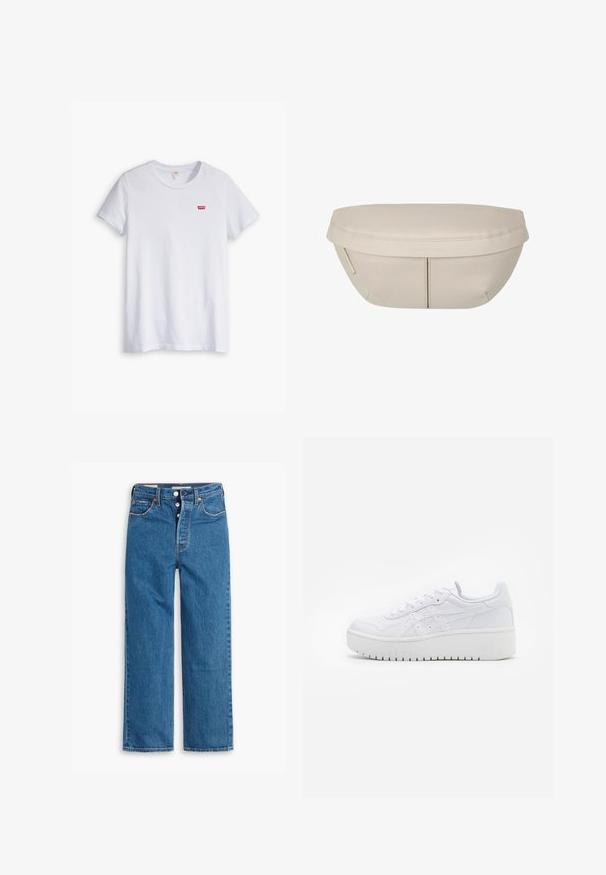 Hvid bomulds t-shirt med korte ærmer og rund halsudskæring. Har et lille rødt Levi's-logo på venstre brystområde.; Blå denim lige ben jeans med høj talje, fem lomme design og knaplukning. Markante syninger og kobberfarvede nitter.; Hvide platform sneakers med en glat læderoverflade, perforerede detaljer og flade snørebånd; har en tyk hvid gummisål.; Beige stofpung med en rund form, der har en flad top og subtile sømdetaljer. Inkluderer et minimalistisk logo og en sideløkke.