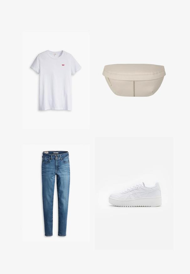 White cotton t-shirt with short sleeves and a round neckline. Features a small red Levi's logo on the left chest area.; High-waisted, skinny jeans in light blue denim. Features five pockets, front button closure, and classic stitching detail throughout.; White platform sneakers with a smooth leather texture, perforated detailing, and flat laces; features a thick white rubber sole.; Beige fabric pouch with a rounded shape, featuring a flat top and subtle seam details. Includes a minimalist logo and a side strap.