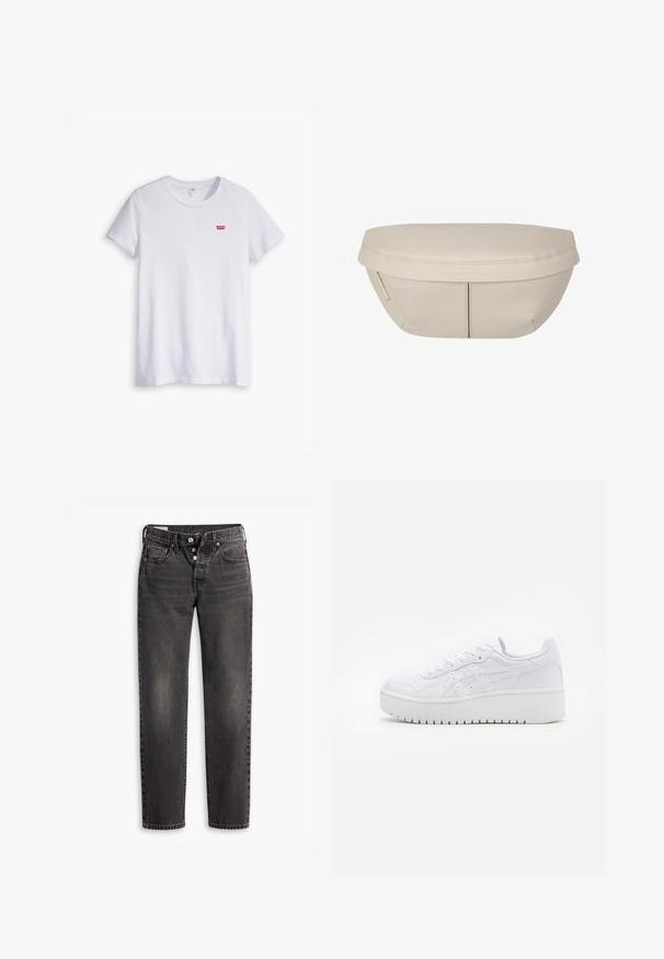 T-shirt bianco in cotone con maniche corte e scollo rotondo. Presenta un piccolo logo rosso Levi's sulla parte sinistra del petto.; Jeans in denim grigio scuro con taglio dritto, caratterizzati da una chiusura con bottoni, texture consumata e una leggera sfumatura sui pannelli anteriori.; Sneaker piattaforma bianche con texture in pelle liscia, dettagli perforati e lacci piatti; presenta una robusta suola in gomma bianca.; Pochette in tessuto beige dalla forma arrotondata, con parte superiore piatta e dettagli di cucitura sottili. Include un logo minimalista e una strap laterale.