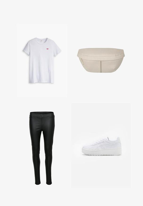 T-shirt bianco in cotone con maniche corte e scollo rotondo. Presenta un piccolo logo rosso Levi's sulla parte sinistra del petto.; Leggings in ecopelle nera con una texture liscia, una silhouette aderente e una vita elastica. Cuciture minime e nessuna tasca.; Sneaker piattaforma bianche con texture in pelle liscia, dettagli perforati e lacci piatti; presenta una robusta suola in gomma bianca.; Pochette in tessuto beige dalla forma arrotondata, con parte superiore piatta e dettagli di cucitura sottili. Include un logo minimalista e una strap laterale.