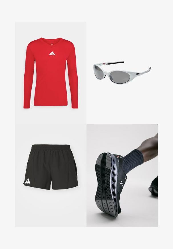 Red long-sleeve athletic shirt made of smooth, stretchy fabric. Features a V-neckline and white Adidas logo on the chest.; Black athletic shorts made of lightweight material, featuring an elastic waistband, side pockets, and a white Adidas logo on the left leg.; Black athletic shoe with a textured upper and a gray, cushioned sole featuring air pockets and a distinctive tread pattern.; White plastic sunglasses with large oval lenses, gray tinted. Features black ear grips and a small logo on the frame. Smooth finish.