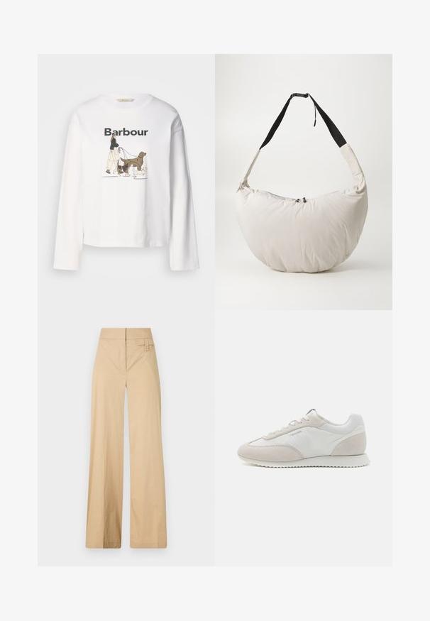 T-shirt blanc à manches longues présentant un graphique d'une personne promenant trois chiens, avec "Barbour" imprimé en noir au-dessus.; Pantalons larges beige en coton mélangé. Caractéristiques : texture lisse, taille élastique et détail à bouton sur le côté.; Baskets de couleur claire comportant un mélange de cuir blanc et de daim beige, avec une semelle texturée et un branding minimaliste sur le côté.; Sac à épaule rembourré beige clair avec une forme courbée en demi-lune. Sangle noire, fermeture éclair et logo discret à l'avant. Texture douce.