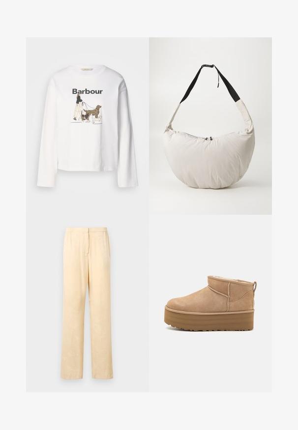 Valge pika varrukaga T-särk, millel on graafika inimesest, kes jalutab kolme koera, ning sõna "Barbour" musta värviga trükituna üle.; Heledad kollased, lõdvaks jäävad püksid, millel on peen lehepilt. Omavad elastset vöökoht ja sirge säärte disaini. Sile tekstuur.; Bež nubukist kängad pahkluudele, millel on pehme sisemus, platvormitald ja seljal kergesti tõmbamiseks mõeldud kinnitustuli. Tekstuuriga kummitald.; Heledbeez padded õlakott, millel on kõver, poolkuukujuline formaadi. Must rihm, tõmblukuga sulgemine ja peen logo esiküljel. Pehme tekstuur.