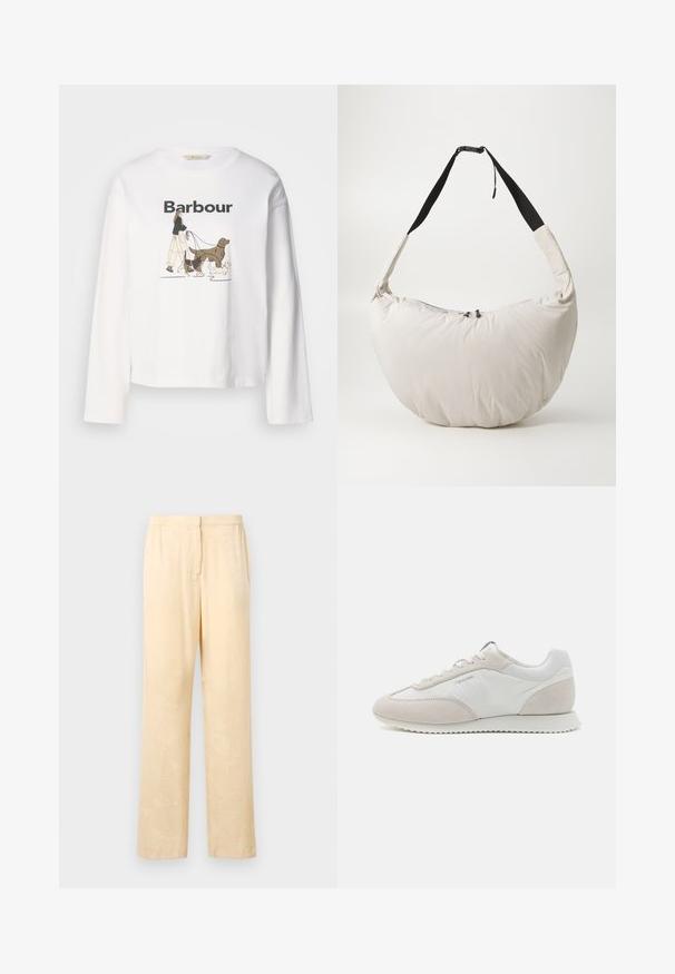 Fehér, hosszú ujjú póló, amelyen egy személyt ábrázoló grafika látható, amint három kutyát sétáltat, felette fekete színnel "Barbour" felirattal.; Világos sárga, laza szabású nadrág, diszkrét levélmintával. Rugalmas derékrésszel és egyenes lábakkal rendelkezik. Simaság jellemzi.; Világos színű edzőcipők, fehér bőr és bézs velúr keverékével, textúrázott talppal és minimális logóval az oldalán.; Világos bézs színű, párnázott válltáska, félhold alakú. Fekete pánt, cipzáras záródás és diszkrét logó elöl. Puha tapintás.