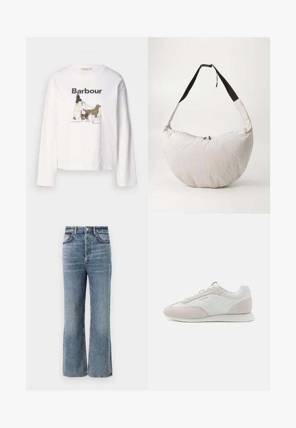 Tricou alb cu mânecă lungă, având un grafic care înfățișează o persoană care plimbă trei câini, cu "Barbour" imprimat deasupra în negru.; Jeans deschiși la culoare, cu talie înaltă și croială largă, finisate cu ușoare estompari, design cu cinci buzunare și accesorii din metal.; Adidași de culoare deschisă, cu un amestec de piele albă și suflă bej, având o talpă texturată și un branding minim pe lateral.; Geantă de umăr căptușită, de culoare bej deschis, cu o formă curbată, în formă de semilună. Curea neagră, închidere cu fermoar și un logo subtil pe față. Textură moale.