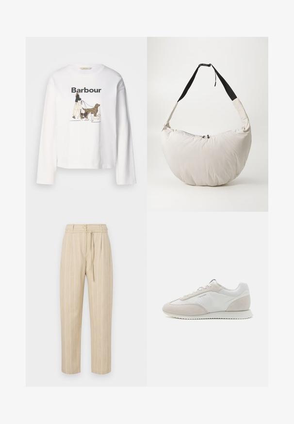 Λευκό μακρυμάνικο μπλουζάκι με γραφικό ενός ατόμου που περπατά τρία σκυλιά, με τη λέξη "Barbour" τυπωμένη από πάνω σε μαύρο χρώμα.; Μπεζ ριγέ παντελόνι σε χαλαρή γραμμή, με σούρα στη μέση, κουμπί κλεισίματος και ζώνη, φτιαγμένο από ελαφρύ ύφασμα.; Απαλά χρωματισμένα αθλητικά παπούτσια που συνδυάζουν λευκό δέρμα και μπεζ σουέντ, με υφασμάτινη σόλα και ελάχιστη σήμανση στο πλάι.; Φωτεινό μπεζ μαξιλαρωμένο τσαντάκι ώμου με καμπύλη, σχήματος μισοφέγγαρου. Μαύρη ζώνη, κλείσιμο με φερμουάρ και διακριτό λογότυπο μπροστά. Μαλακή υφή.