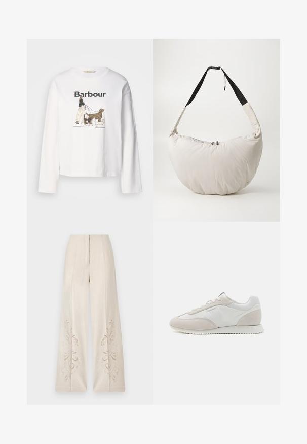 Bílý tričko s dlouhými rukávy se zdobením znázorňujícím osobu, jak venčí tři psy, s nápisem "Barbour" vytištěným nahoře černou barvou.; Široké kalhoty z krémového lnu s výřezovými květinovými vyšívacími detaily na dolních stranách a plochým pasem.; Světle barevné tenisky s kombinací bílé kůže a béžové semišové kůže, s texturovanou podrážkou a minimálním brandingem po straně.; Svetle béžová polstrovaná taška přes rameno s zakřiveným tvarem ve tvaru půlměsíce. Černý popruh, uzávěr na zip a decentní logo na přední straně. Měkká textura.