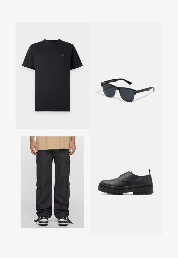 Czarna koszulka z krótkim rękawem i okrągłym dekoltem z małym białym logiem "Hollister" na lewej piersi na jednolitym tle.; Czarne spodnie cargo z bawełny, z wieloma kieszeniami bocznymi, luźnym krojem i regulowanymi trokami przy kostkach. W połączeniu z czarno-białymi trampkami.; Czarne skórzane buty z okrągłym noskiem, sznurowanym zapięciem i masywną gumową podeszwą. Posiadają pętelkę z tyłu i teksturowane akcenty.; Czarne okulary przeciwsłoneczne o prostokątnym kształcie, ciemnych soczewkach, srebrnych akcentach na zausznikach oraz matowym wykończeniu oprawki.