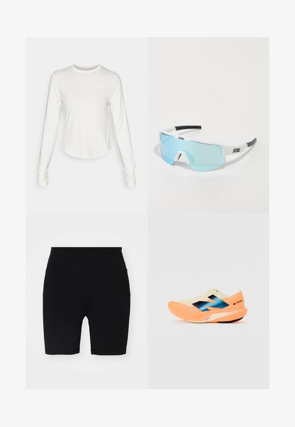 Hvit langermet treningsskjorte laget av glatt, lett materiale. Har rund halsringning og Nike-logo på brystet.; Svarte treningsshorts med en glatt tekstur, midt-thigh lengde, høy midje og sidelommer. Enkel design, ingen synlige mønstre eller dekorasjoner.; Løpesko med en lett kremfarget overdel, blå merkevare og oransje detaljer på sålen. Nettverksstruktur for pusteevne.; Sportssolbriller med hvit ramme og svarte detaljer, lyseblå reflekslinser, innfatning som omslutter, og fremtredende nesebro.
