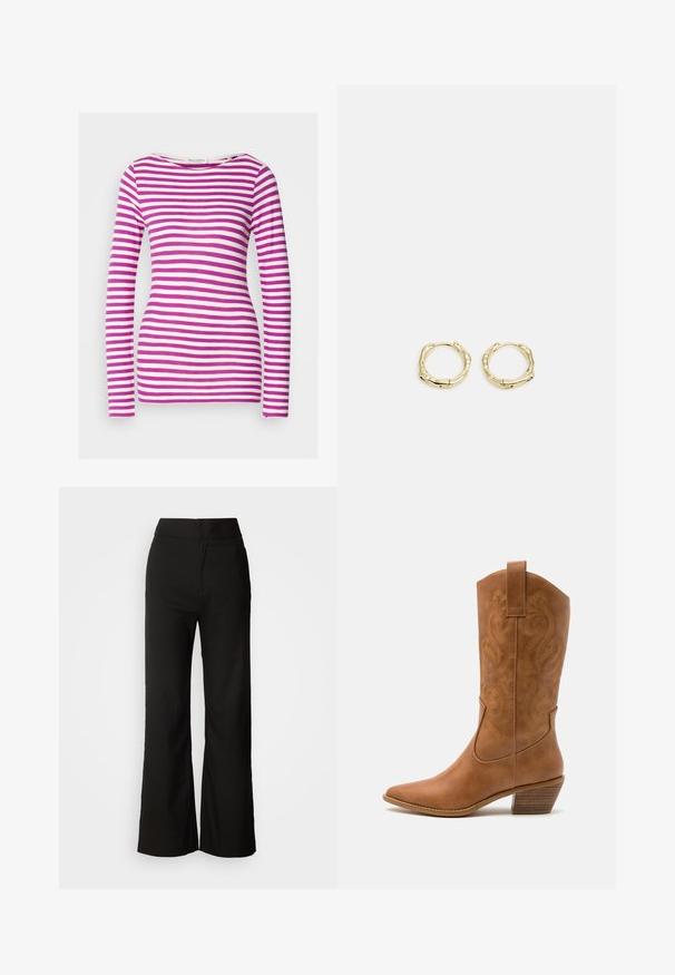 Dlhý rukáv tričko s priliehavým strihom, vyrobené z mäkké bavlny. Má vodorovné ružové a biele pruhy a široký výstrih.; Čierne široké nohavice s hladkou textúrou, vysokým pásom a jednoduchým dizajnom. Žiadne viditeľné vrecká ani ozdoby.; Hnedé kožené kovbojské topánky s špicatou špičkou, vyšívanými vírivkami na štýle a blokovým podpätkom. Obsahuje praktický pútko na ľahké obúvanie.; Zlaté kruhové náušnice s textúrovaným, nepravidelným tvarom. Majú bezšvové uzatváranie a lesklý povrch, čo podčiarkuje moderný dizajn.