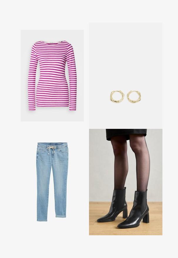 Camiseta de manga larga con forma ajustada, hecha de algodón suave. Presenta rayas horizontales rosas y blancas y un escote amplio.; Vaqueros de mezclilla azul claro con corte recto, cintura elástica con cordón, puños enrollados y bolsillos frontales. Diseñados con un sutil desgaste.; Botines de cuero negro hasta el tobillo con punta afilada, tacón cuadrado grueso y diseño elegante. Presentan paneles laterales elásticos para facilitar el uso.; Pendientes de aro de oro con forma irregular y texturizada. Presentan un cierre sin costuras y un acabado pulido, destacando un diseño moderno.