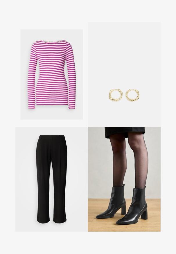 Dlhý rukáv tričko s priliehavým strihom, vyrobené z mäkké bavlny. Má vodorovné ružové a biele pruhy a široký výstrih.; Čierne nohavice s širokými nohavicami vyrobené z ľahkej tkaniny, s plochým predným dielom, záhybmi a klasickým pásom.; Čierne kožené členkové topánky s špicatou špičkou, robustný štvorcový opätok a elegantný dizajn. Obsahujú elastické bočné panely pre jednoduché obúvanie.; Zlaté kruhové náušnice s textúrovaným, nepravidelným tvarom. Majú bezšvové uzatváranie a lesklý povrch, čo podčiarkuje moderný dizajn.