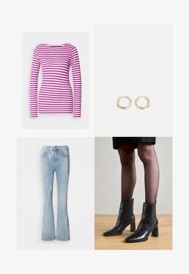 T-shirt à manches longues avec une coupe ajustée, fabriqué en coton doux. Il présente des rayures horizontales roses et blanches et un large col.; Scotch & Soda THE GLOW - Jean bootcut - art from the heart; Bottines en cuir noir avec un bout pointu, un talon carré épais et un design élégant. Présente des panneaux latéraux élastiques pour un enfilage facile.; Boucles d'oreilles en or en forme de cerceau avec une texture et une forme irrégulière. Présentent une fermeture sans couture et une finition polie, soulignant un design moderne.