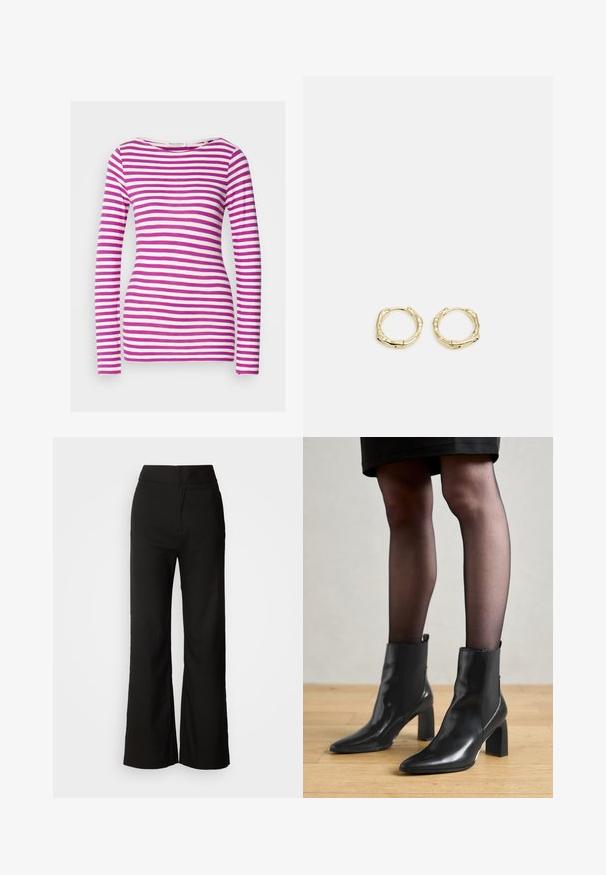 T-shirt z długim rękawem o dopasowanym kroju, wykonany z miękkiej bawełny. Posiada poziome różowe i białe paski oraz szeroki dekolt.; Czarne spodnie z szerokimi nogawkami o gładkiej fakturze, wysokim stanie i minimalistycznym designie. Brak widocznych kieszeni i zdobień.; Czarne skórzane botki za kostkę z ostro zakończonym noskiem, masywnym kwadratowym obcasem i eleganckim designem. Posiadają elastyczne boczne panele dla łatwego zakładania.; Złote kolczyki w kształcie obręczy o teksturowanej, nieregularnej formie. Posiadają bezszwowe zapięcie oraz polerowane wykończenie, podkreślające nowoczesny design.