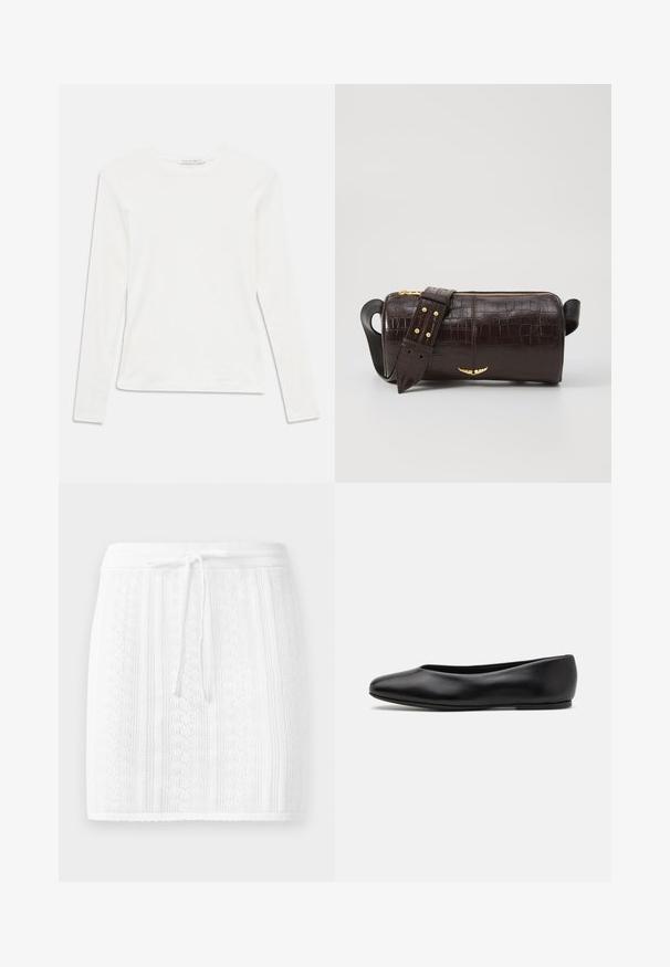 Weißes Langarmshirt mit Rundhalsausschnitt und kleinem "Tiger of Sweden"-Label am Ausschnitt vor einfarbigem Hintergrund.; Weiße Strickröcke mit einem strukturierten Muster und vertikalen Streifen; mit einem Kordelzug-Bund und einem gekerbten Saum.; Paul Smith TOPANGA - Klassischer Ballerina - black; Braune, krokodilgeprägte Lederhandtasche mit zylindrischer Form, goldfarbener Hardware und einem abnehmbaren Tragegurt mit Nieten.