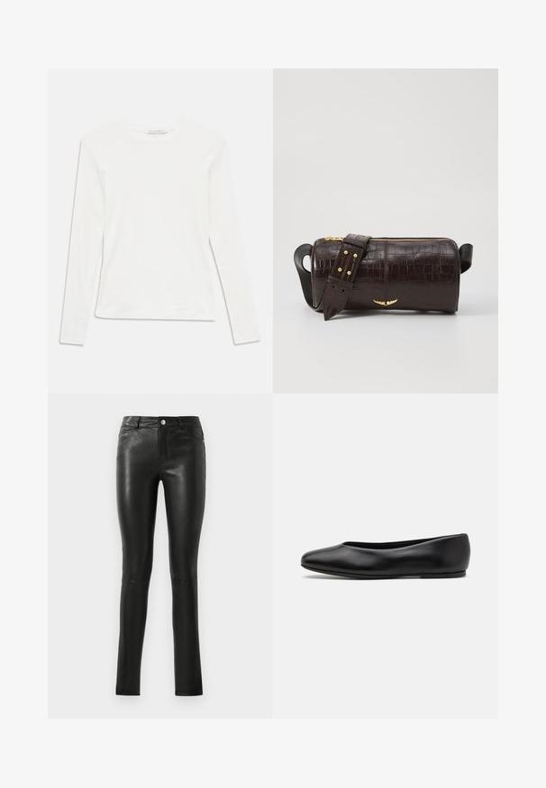 Bela dolgimi rokavi majica s krožnim izrezom in majhno oznako "Tiger of Sweden" na vratu na enobarvni podlagi.; Črne usnjene hlače s prilegajočim dizajnom, gladko teksturo, srednje višjim pasom in subtilnimi šivi. Zasnovane so s sprednjimi žepi in kovinsko gumbom.; Paul Smith TOPANGA - Balerinke - black; Brah blaženka iz rjavega usnja z embosiranim krokodilom, cilindrične oblike, zlatih kovinskih elementov in odstranljivim pasom, ki vsebuje žebljičke.