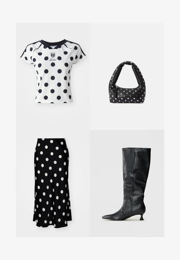 Bela majica s kratkimi rokavi z velikimi črnimi pikami, z V-izrezom in logotipom na prsih, izdelana iz gladkega, raztegljivega materiala.; YAS YASPELLA MIDI - Krilo A-kroja - black/white; Knee-high črne škornje iz umetnega usnja z sijočo krokodiljo teksturo, s koničastim nosom in ozko, angularno peto. Klasična oblika in eleganten profil.; Črna usnjena torbica s ukrivljenim ročajem, okrašena s srebrnimi pikami in z zadrgo na eni strani.
