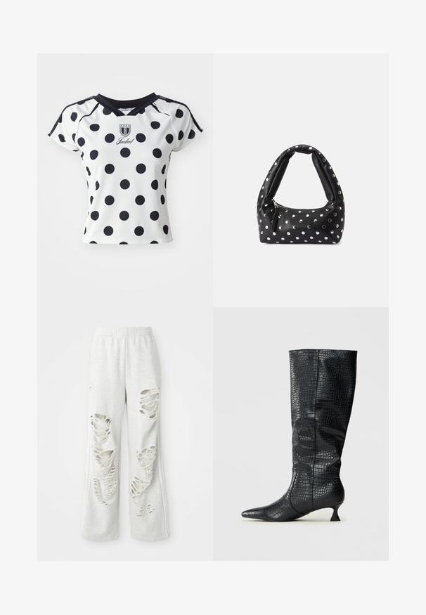 Camisa blanca de manga corta con grandes lunares negros, escote en V y detalle de logo en el pecho, fabricada con un material suave y elástico.; Pantalones de chándal gris claros con un corte holgado, que presentan múltiples parches desgastados, una textura suave y una cintura elástica.; Botas de imitación de cuero negro hasta la rodilla con una textura de cocodrilo brillante, punta afilada y un tacón delgado y angular. Diseño clásico y silueta elegante.; Bolso de cuero negro con un asa curva, adornado con puntos plateados y un cierre de cremallera en un lado.