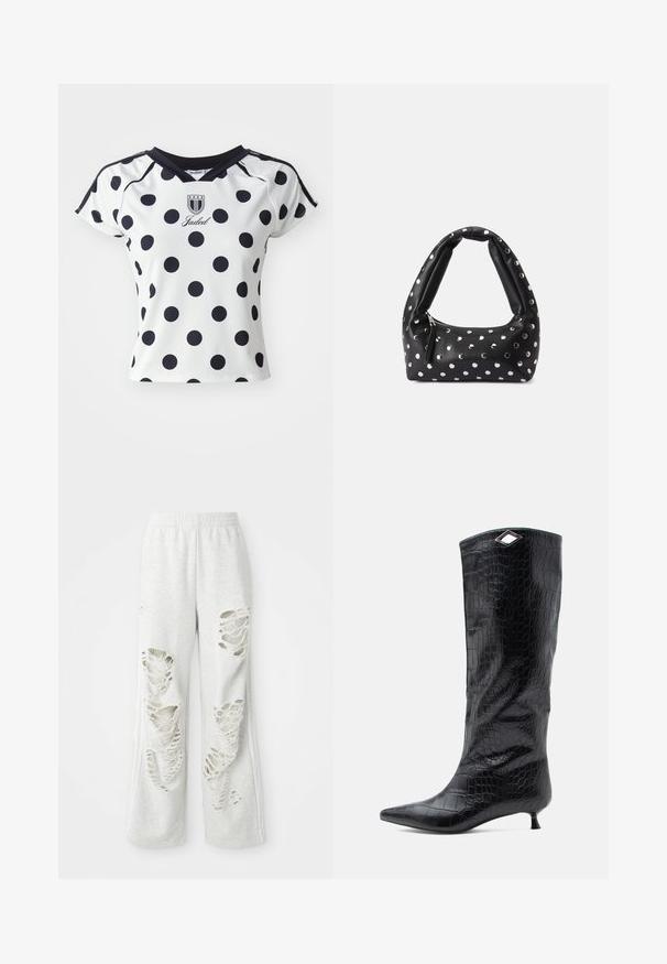 Biała koszula z krótkim rękawem w duże czarne kropki, z dekoltem w serek i detalem logo na klatce piersiowej, wykonana z gładkiego, elastycznego materiału.; Jasnoszare dresy o luźnym kroju, z wieloma postrzępionymi łatami, miękką teksturą i elastycznym paskiem w talii.; Czarne botki do kolan z błyszczącej skóry z wytłoczeniem w krokodylą skórę, z ostro zakończonym noskiem i małym obcasem typu kitten heel, z kanciastym srebrnym akcentem na górze.; Czarna skórzana torebka z zakrzywionym uchwytem, zdobiona srebrnymi kropeczkami i zapinaną na zamek z boku.