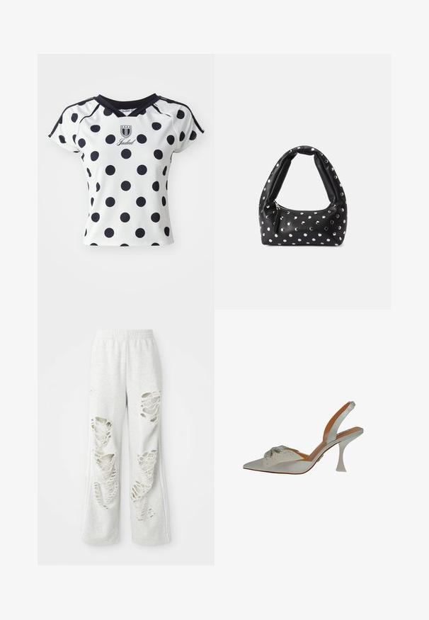 Chemise blanche à manches courtes avec de grands pois noirs, décolleté en V et détail de logo sur la poitrine, fabriquée dans un matériau lisse et extensible.; Pantalons de survêtement gris clair avec une coupe ample, comportant plusieurs patches déchirés, une texture douce et une taille élastique.; Chaussure slingback en satin blanc, à bout pointu, ornée de perles argentées. Présente un talon fin et transparent, ainsi qu'un détail décoratif texturé sur le dessus.; Sac à main en cuir noir avec une anse courbée, décoré de pois argentés et doté d'une fermeture éclair sur un côté.