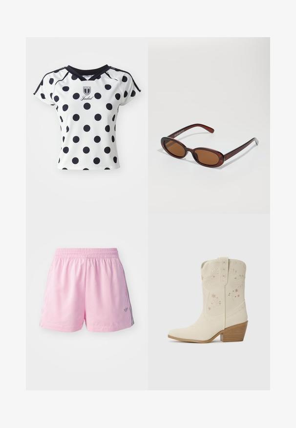 Hvid kortærmet skjorte med store sorte prikker, v-udskæring og logo-detalje på brystet, lavet af et glat, strækbart materiale.; Lyserøde atletikshorts med elastisk talje, der har en grå stribe på siderne og et lille logo foran. Lavet af letvægtsstof.; Hvide læder cowboystøvler med blomsterbroderi, spids tå og en stabeltræ hæl. Funktioner dekorativ syning på skaftet.; Runde, bruntonede solbriller med en glansfuld bordeauxramme. Slanke arme med diskret brandingdetalje. Flad linsedesign.; Rosa faux læder håndtaske med cirkulær form, med snøredesign med metaløjer og en sløjfedetalje. Inkluderer et kort håndtag.