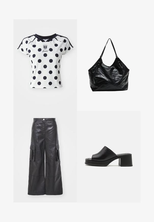Hvid kortærmet skjorte med store sorte prikker, v-udskæring og logo-detalje på brystet, lavet af et glat, strækbart materiale.; Sorte læder cargo-bukser med en bred ben-design, der har to sidelommer og detaljeret syning. Stoffet har en glat, blank overflade.; Sorte læder platform sandals med rund åben tå, lav blokhæl og glat tekstur. Minimalistisk design med elegante linjer.; Sort skuldertaske lavet af skinnende, tekstureret materiale. Har to solide håndtag og en afslappet form. Ingen synlige beslag eller accenter.