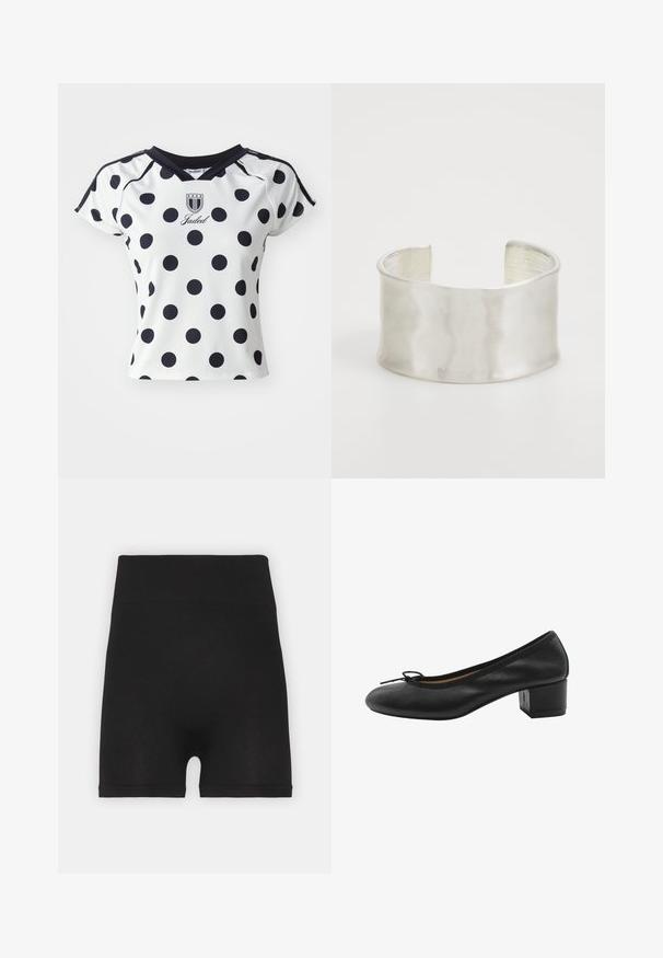 Witte kortemouwenshirt met grote zwarte stippen, v-hals, en logodetail op de borst, gemaakt van een zachte, rekbare stof.; Zwarte geribde fietsbroek met een hoge tailleband en een zachte textuur, met een gladde afwerking en geen zichtbare naden.; Zwarte leren pump met een ronde neus, klein strikje aan de voorkant en een vierkante blokhak. Gladde textuur met minimale ontwerpaccenten.; Zign Armband - silver-coloured
