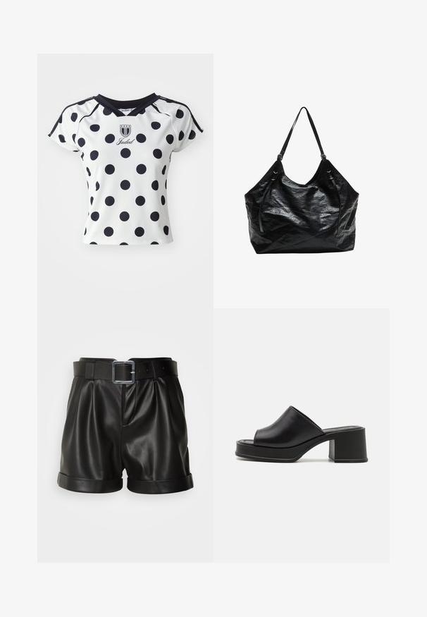 Hvid kortærmet skjorte med store sorte prikker, v-udskæring og logo-detalje på brystet, lavet af et glat, strækbart materiale.; Sorte lædershorts med en bred talje og en sølvspænde. Har plisseret front og opsmøgede manchetter. Glat tekstur og skræddersyet design.; Sorte læder platform sandals med rund åben tå, lav blokhæl og glat tekstur. Minimalistisk design med elegante linjer.; Sort skuldertaske lavet af skinnende, tekstureret materiale. Har to solide håndtag og en afslappet form. Ingen synlige beslag eller accenter.