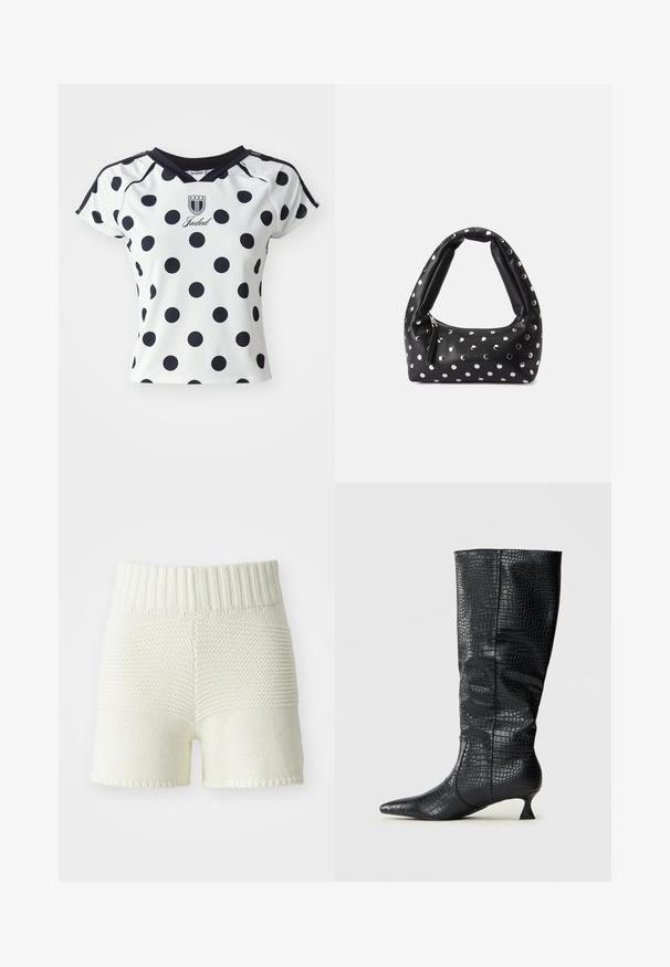 Bijela majica kratkih rukava s velikim crnim točkama, v-izrezom i logotipom na prsima, izrađena od glatkog, rastezljivog materijala.; Pletene kratke hlače u boji slonovače s rebrastim pojasom, s kontrastom tekstura između gornjeg i donjeg dijela te sa završnim rubovima.; Knee-high crne čizme od umjetne kože s sjajnom teksturom krokodila, šiljatim vrhom i uskim, kutnim potplatom. Klasičan dizajn i elegantna silueta.; Crna kožna torba s zakrivljenom drškom, ukrašena srebrnim točkicama i zatvaranjem na rajsferšlus s jedne strane.