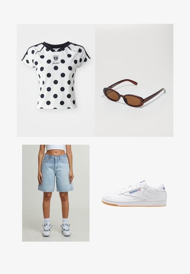 Balts īsajām piedurknēm krekls ar lieliem melniem punktiņiem, V veida kakla izgriezumu un logo detaļu uz krūtīm, izgatavots no gludas, elastīgas materiāla.; Gaiši zili džinsi šorti ar brīvu piegriezumu, ar piecām kabatām, pogu aizdari un hemu, kas beidzas nedaudz virs ceļiem.; Baltas apavi ar gludu ādas virsu, kas kontrastē ar gumijas zoli. Iekļauj zilu zīmola nosaukumu un saites dizainu.; Apaļas, brūnīgi nokrāsotas saulesbrilles ar spīdīgu bordo rāmīti. Šauri kāti ar diskrētu zīmola detaļu. Plakana objektīva dizains.; Rozā mākslīgās ādas rokassomiņa ar apļa formu, kurā ir aukliņas dizains ar metāla acs caurumiem un loksnes detaļa. Ietver īsu rokturi.