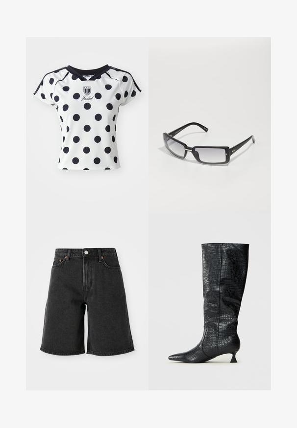 Chemise blanche à manches courtes avec de grands pois noirs, décolleté en V et détail de logo sur la poitrine, fabriquée dans un matériau lisse et extensible.; Shorts en denim noir à taille haute, avec cinq poches, rivets en cuivre et une texture délavée sombre. Coupe droite avec un ourlet propre.; Bottes noires en faux cuir montantes jusqu'aux genoux, avec une texture crocodile brillante, un bout pointu et un talon fin et angulaire. Design classique et silhouette épurée.; Lunettes de soleil noires rectangulaires avec des verres dégradés, présentant une monture épaisse et des détails en métal sur les branches. Texture lisse sur l'ensemble.; Sac à main en cuir noir avec une anse courbée, décoré de pois argentés et doté d'une fermeture éclair sur un côté.