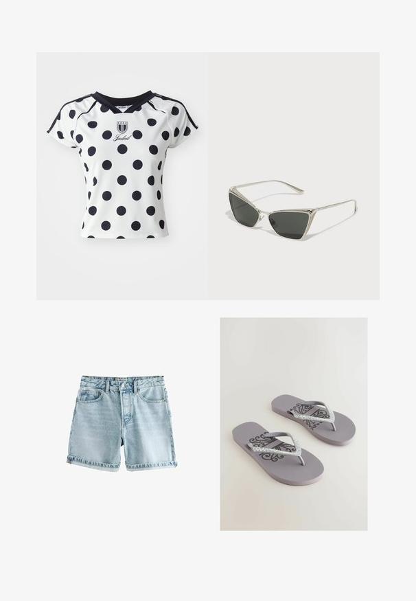 Fehér, rövid ujjú ing nagy fekete pöttyökkel, V-nyakkivágással és logós részlettel a mellrészen, sima, rugalmas anyagból készült.; Világoskék farmer nadrág, nyers szegéllyel, öt zsebbel és gombos záródással. Az anyag enyhén kopott textúrájú.; Szürke papucs texturált talprésszel, dekoratív fekete mintával és V-alakú csillogó strasszkövekkel díszített pántokkal.; Ezüst háromszögletű napszemüveg sötét lencsékkel. A keret texturált mintával rendelkezik, és kisebb díszítések találhatóak a sarkain. Karcsú fém szerkezet.; PULL&BEAR SHOPPER - Bevásárlótáska - grey