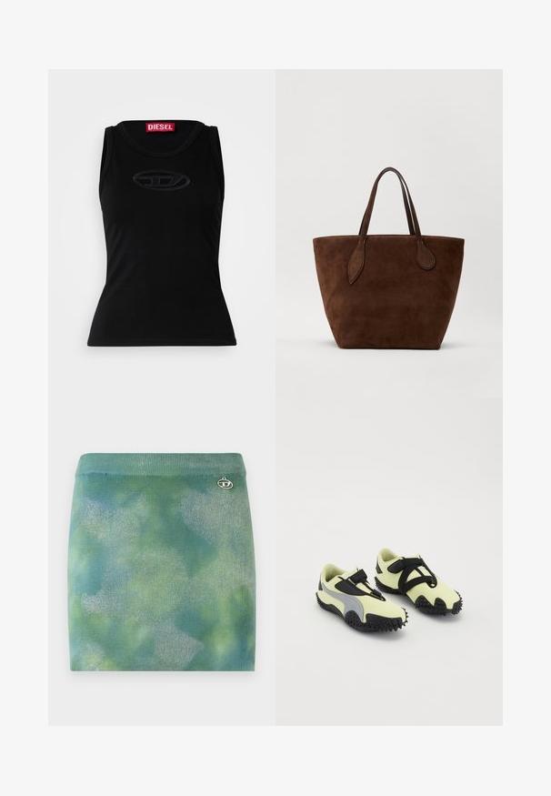 Schwarzes ärmelloses Tanktop aus weicher Baumwolle, mit einem dezenten geprägten Logo in der Mitte und einem roten Markenetikett im Ausschnitt.; Strick-Minirock in einem Farbverlauf von Aqua- und Grüntönen, mit einem dezenten Glanz und einem gestickten Logo-Akzent am Bund.; Schuhe mit einem hellgelben Obermaterial, schwarzen Akzenten, einem sicheren Riemen und einer strukturierten schwarzen Gummisohle. Entwickelt für Traktion und Unterstützung.; Braune Wildleder-Tote-Tasche mit geschwungenen oberen Kanten, zwei passenden braunen Griffen und kontrastierenden Nähten entlang der Kanten.