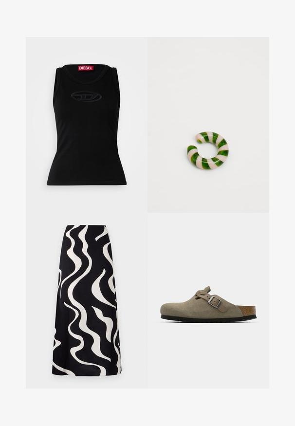 Svart ärmlös tanktop laget av myk bomull, med en subtil preget logo i sentrum og en rød merkelapp i halslinningen.; Svart skjørt med hvite bølgende mønstre. Laget av et lett stoff, har det en flytende design og rett snitt. Ideelt for hverdagsbruk.; Suede klosser i lys olivengrønn med en formet kork- og gummisåle. Har en sidestrikk med en metallspenne og en rund tå.; Fiorucci STRIPED EAR CUFF - Enkeltøredobb - pink/dark green