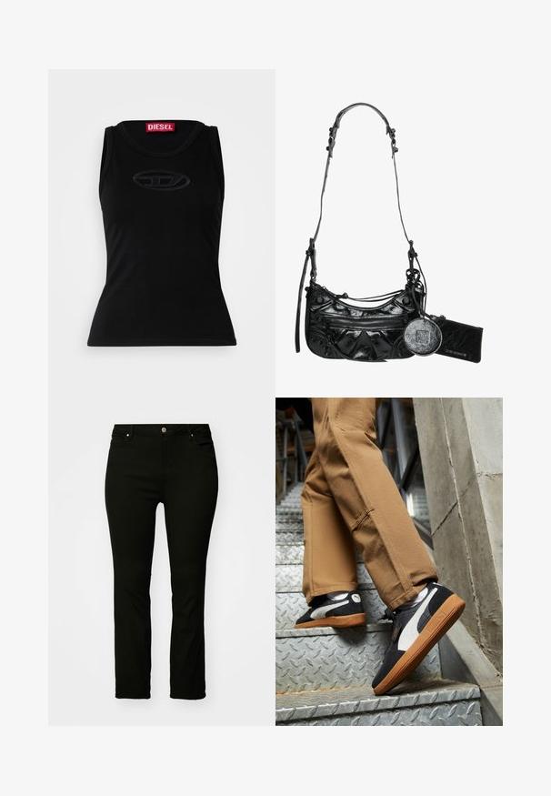 Fekete ujjatlan top, puha pamutból készült, finoman domborított logóval a közepén, valamint egy piros márkázott címkével a nyakvonalban.; Fekete farmernadrág, egyenes szabású, öt zsebbel, fémbottal és finom hímezési részletekkel. Sima textúra, sokoldalú stílus.; Fekete és szürke velúr sportcipők fehér részletekkel és gumitalppal, bézs nadrágon viselve, fém lépcsőkön való felmászás közben.; Fekete szintetikus bőr kézitáska ívelt kialakítással, cipzáras elülső zsebbel és díszítő fémalkatrészekkel, valamint levehető kerek érmés tárcával.