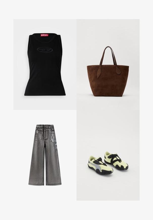 Musta hihaton tank top, joka on valmistettu pehmeästä puuvillasta, ja siinä on hienovarainen kohokuvioitu logo keskellä sekä punainen brändilabel kaula-aukossa.; Harmaat, leveät farkut, joissa on kiiltävä pinta, etutaskut ja koristeellinen perhosgrafiikka sivussa. Vaateessa on kulutettuja yksityiskohtia.; Jalkineet, joissa on vaaleankeltainen päällinen mustilla yksityiskohdilla, turvallinen remmi ja teksturoitu musta kumipohja. Suunniteltu pidon ja tuen maksimoimiseksi.; Ruskea mokkanahkainen kassi, jossa on kaarevat yläreunat, kaksi sopivan ruskeaa kantokahvaa ja kontrastiväriset ompeleet reunoilla.