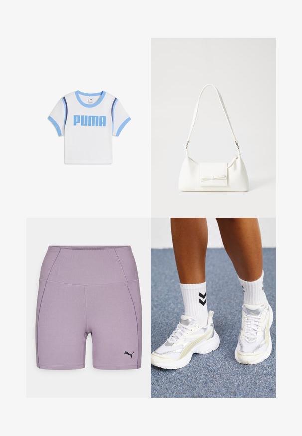 Biele tričko s krátkym rukávom, modrým lemovaním a logom "PUMA" v tučnom modrom písme. Materiál je mäkký, s klasickým okrúhlym výstrihom a priliehavým strihom.; Fialové športové šortky vyrobené z elastického materiálu, s vysokým pásom, plochými švami a malým čiernym logom na ľavej strane.; Biele tenisky so striebornými akcentmi, z sieťovinového materiálu a s robustným dizajnom. V kombinácii s bielymi ponožkami s čiernymi chevron vzormi.; Biela syntetická kabelka s trojuholníkovým tvarom, plochým predným klapkou a detailom mašle, nastaviteľným popruhom, hladkou textúrou a minimalistickým dizajnom.