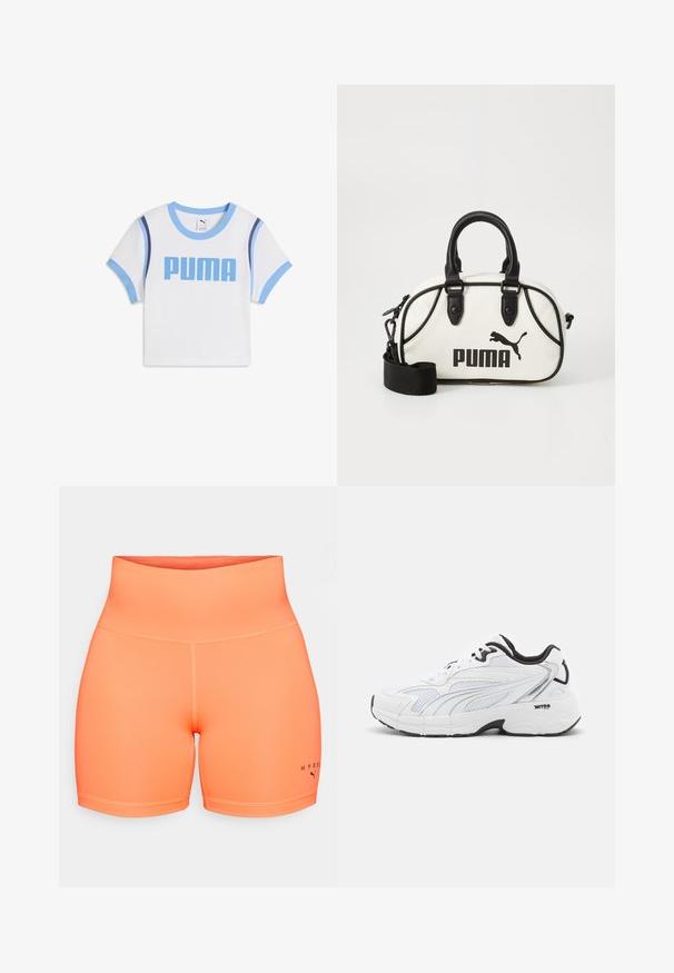 T-shirt blanc à manches courtes avec bord bleu et le logo "PUMA" en lettres majuscules bleues. Le matériau est doux, avec un col rond classique et une coupe ajustée.; Shorts de sport taille haute de couleur orange vif, en tissu lisse et extensible. Dotés de coutures contrastées et d'un logo sur la jambe gauche.; Baskets de sport blanches avec une tige en mesh, des accents noirs, un revêtement texturé et une semelle rembourrée pour plus de confort et de soutien.; Sac à main blanc avec des accents noirs, affichant un logo Puma. Poignées courtes et arrondies et une bandoulière amovible, fabriqué en matériau synthétique texturé.