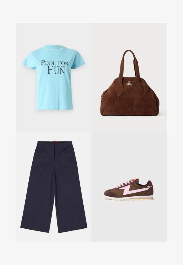 Lichtblauw katoenen T-shirt met een zwarte grafische tekst "POOL FOR FUN" en "MM6 Maison Margiela" op de voorkant. Korte mouwen en ronde hals.; STAUD LUCA PANT - Broek - navy; Bruine en paarse sneaker met een roze ontwerpaccent, van suède en textielmaterialen, platte veters en een contrasterende witte zool.; Bruine suède handtas met een gestructureerde vorm, ronde body en verlengde ruitvormige handvatten. Voorzien van een sluiting met zilveren hardware.